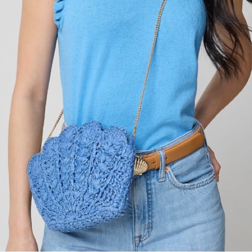 J. Crew Factory Blue Shell Knit Crossbody with Gold Chain Strap